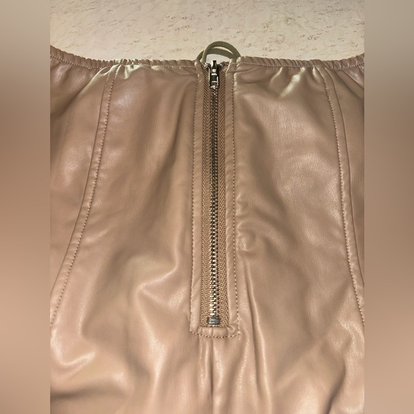 Faux Leather Lace-Up Mini Skirt | Taupe Corset Style w/ Olive Green Lacing - Picture 4 of 6